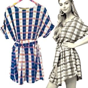 Entro mini Dress NEW Blue Plaid Retro Vibe Belted Sz L